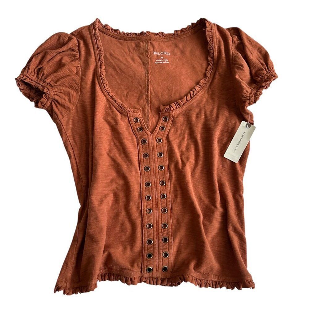 Anthropologie Pilcro Puff Sleeve Grommet Top XS Mango Cotton Boho Blouse Women - Picture 2 of 10